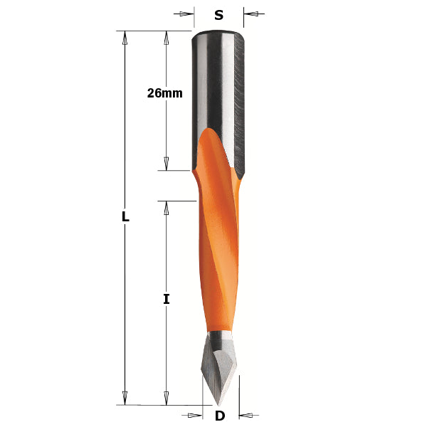 CMT 366.050.11 2 Flute Dowel Drill for Through Holes, 5mm (13/64-Inch) Diameter, 10x26mm Shank, Right-Hand Rotation