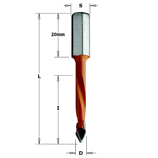 CMT 367.050.11 2 Flute Dowel Drill for Through Holes, 5mm (13/64-Inch) Diameter, 8x20mm Shank, Right-Hand Rotation